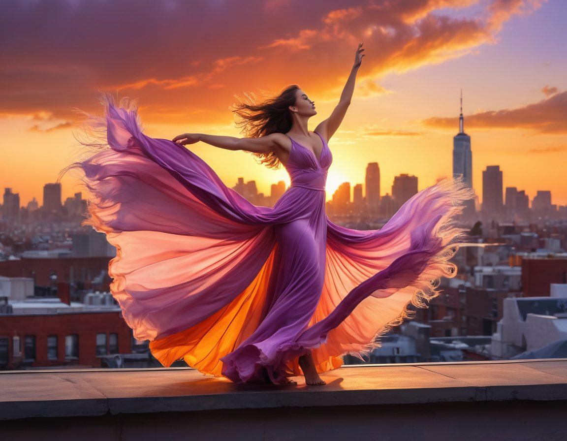 A powerful woman standing confidently on a rooftop at sunset, dressed in trendy, flowing attire that showcases her unique style. She exudes strength and grace, surrounded by vibrant colors of the skyline, with her hair blowing in the wind and arms raised in empowerment. Incorporate elements of nature, such as flowers and feathers, to symbolize femininity and grace. super-realistic. vibrant colors. urban skyline.