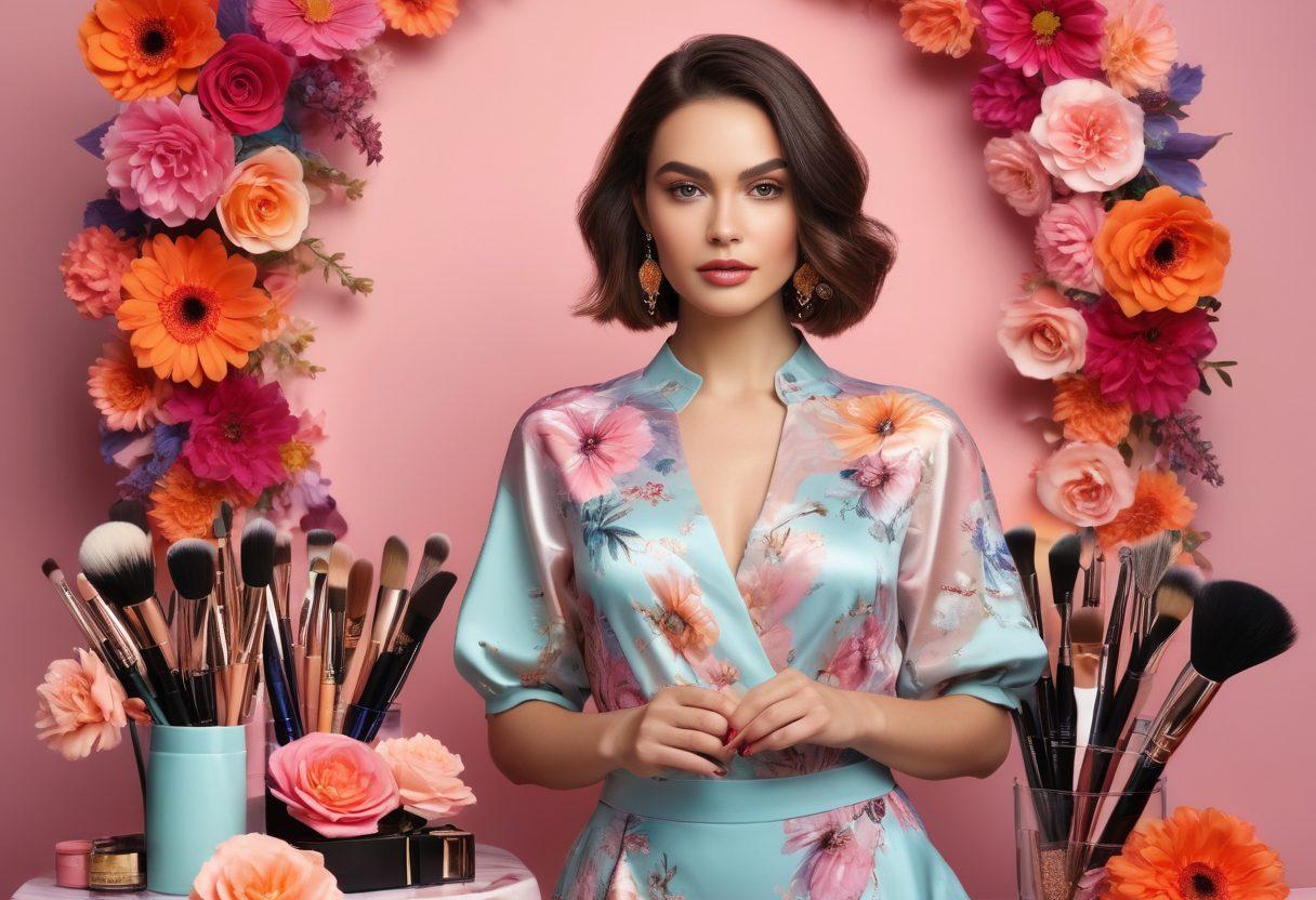 A stylish, confident woman showcasing a vibrant makeup transformation with elegant couture clothing. Surround her with beauty tools like brushes, lipsticks, and fashion sketches. The background features soft pastel colors and abstract floral designs, symbolizing femininity and creativity. Create an inviting atmosphere that radiates empowerment and glamour. super-realistic. vibrant colors. soft pastel background.
